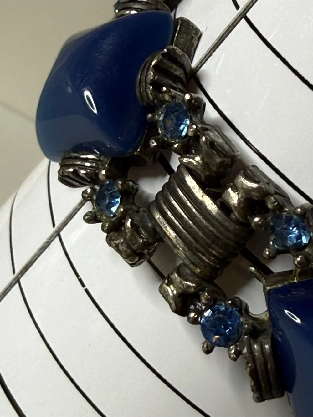 Blue diamond shape moonglow rhinestone chunky gunmetal Vintage Bracelet art deco